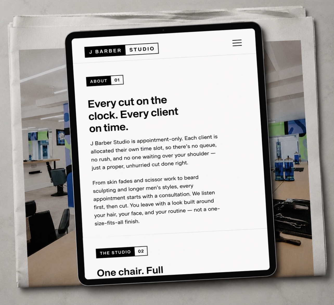 J Barber Studio website shown on a tablet